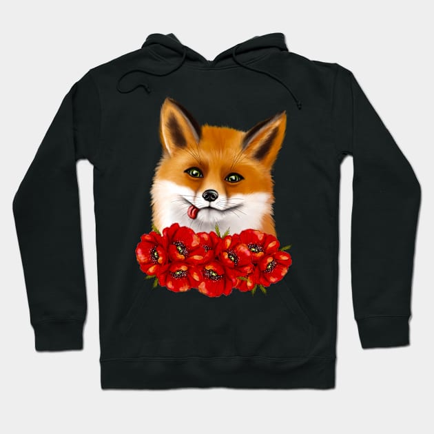 Cute face of a fox with red poppies. Hoodie by Galinka Kro